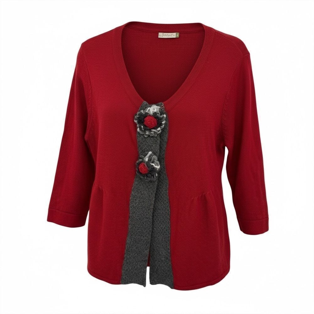 Chalet et Ceci Floral Appliqué Sweater Size Large Red Cotton Wool Shawl Artsy